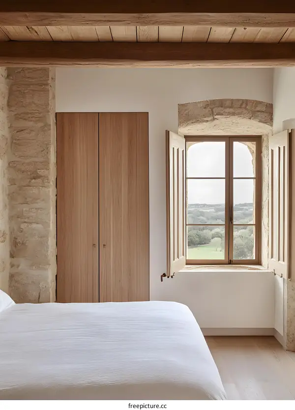 Minimalist Bedroom with Wooden Beams and Stone Walls