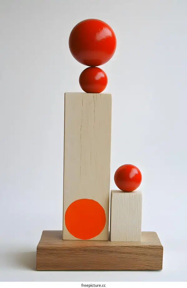 Abstract Wooden Sculpture with Red Spheres and Circles