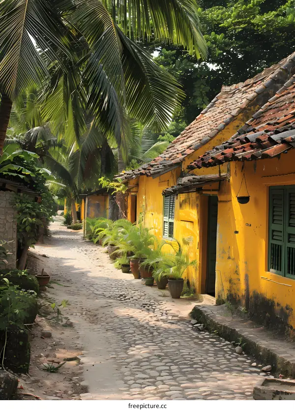 A street in a small village with yellow houses and palm trees