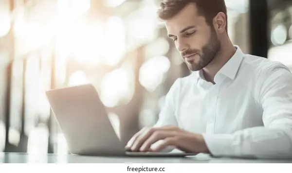 Businessman Working on Laptop in Cafe