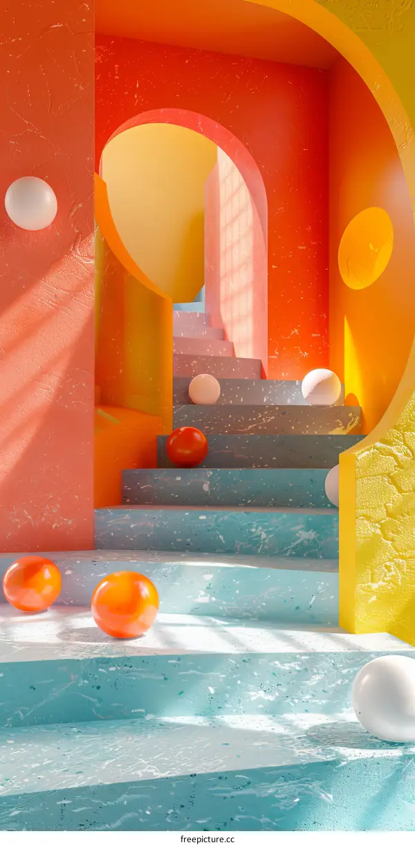 Abstract Colorful Spheres on Modern Stairs
