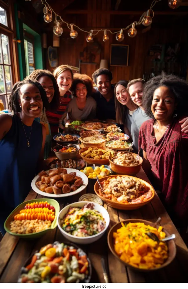 A group of people of African descent are gathered around a table enjoying a meal together.