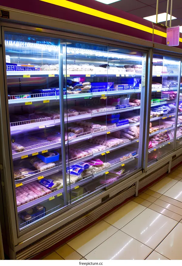 Frozen Food Display Case In Supermarket