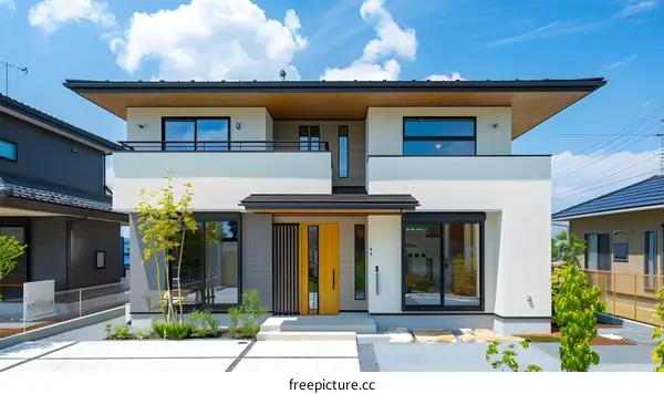 Modern Japanese House with Wooden Front Door