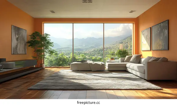 Modern Living Room with Mountain View Illustration