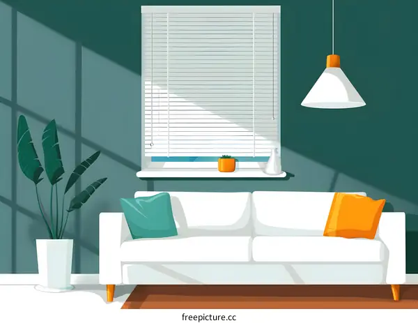 White Couch with Green and Orange Pillows in a Room with a Window and Light