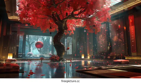 Chinese Courtyard with Red Tree