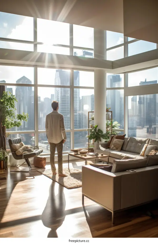 Man looking out the window in a modern apartment