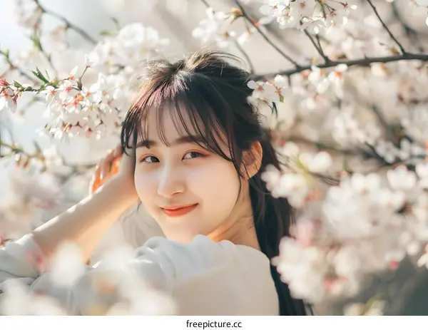 Smiling Asian Woman in Cherry Blossom Tree
