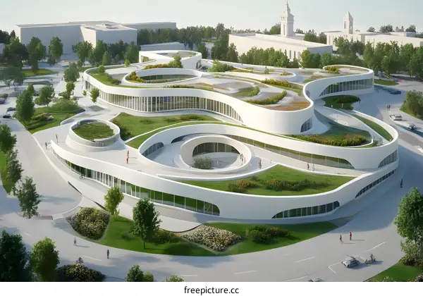 Modern Architectural Design with Green Roof and Winding Paths