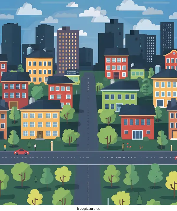 Top View Illustration of a Cityscape with Houses and Trees