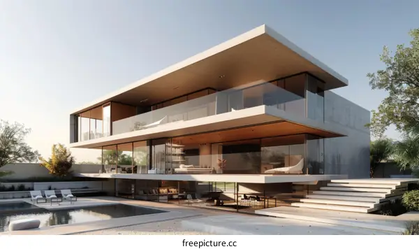 Modern luxury house exterior with pool and terrace