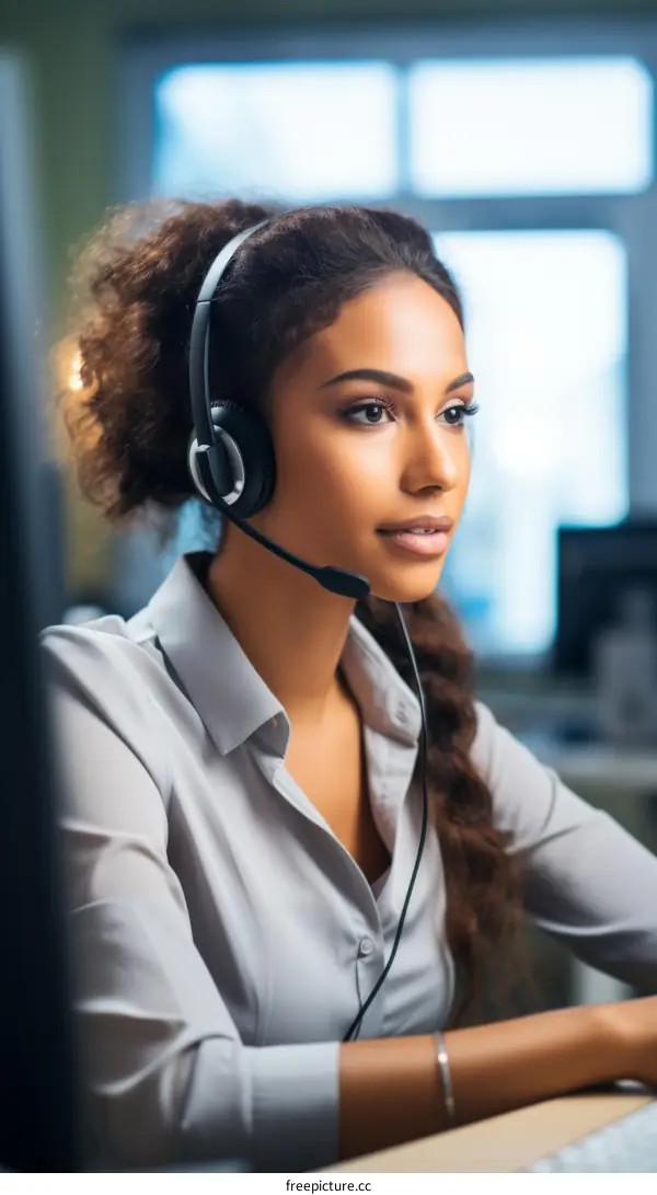 A businesswoman wearing a headset is working in an office.