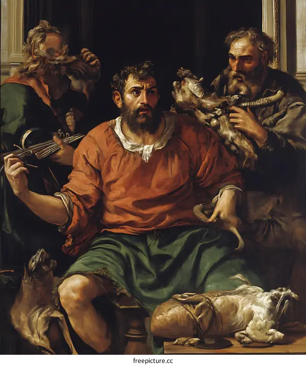 Three Men with Musical Instruments and Animals
