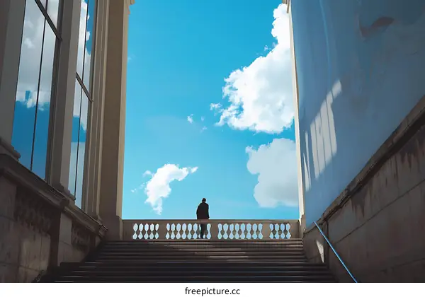 Man Standing on Stairs with Blue Sky and White Clouds
