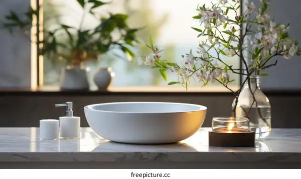 A bathroom sink with a beautiful plant and a candle on the counter