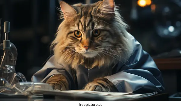 A cat wearing a lab coat is sitting in a laboratory looking at the camera