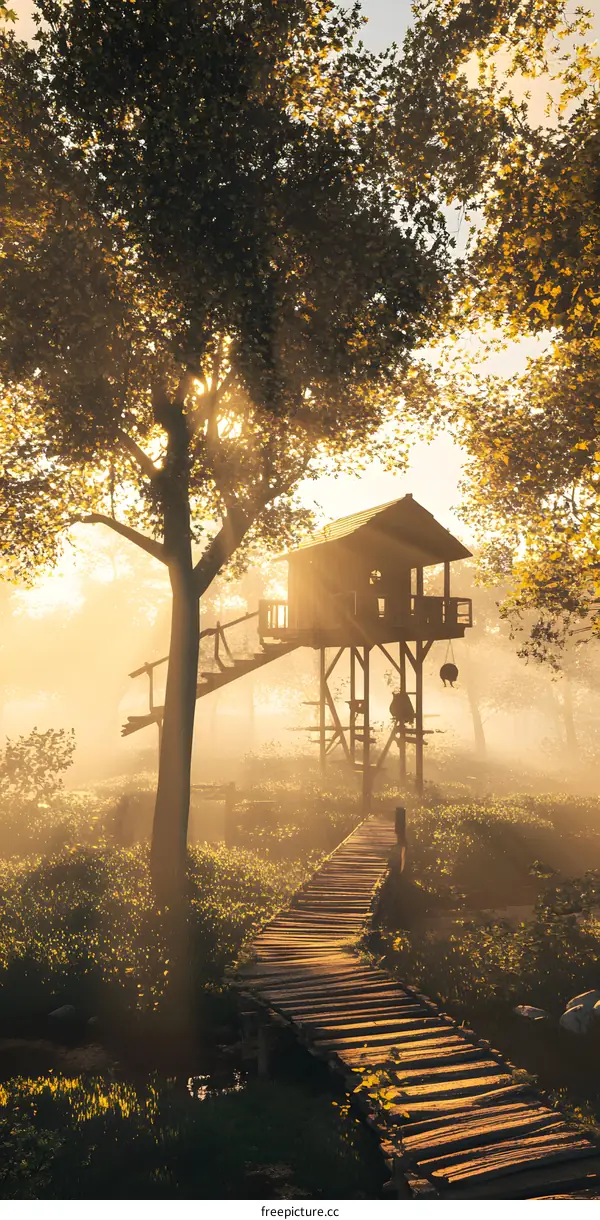 Wooden Treehouse in a Forest with Sunlight Shining Through the Trees