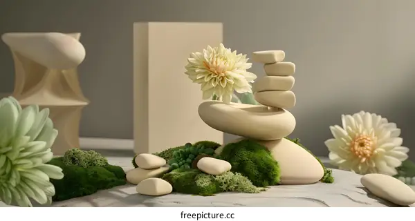 Minimalist Still Life with Stacked Stones, Green Moss, and White Flowers
