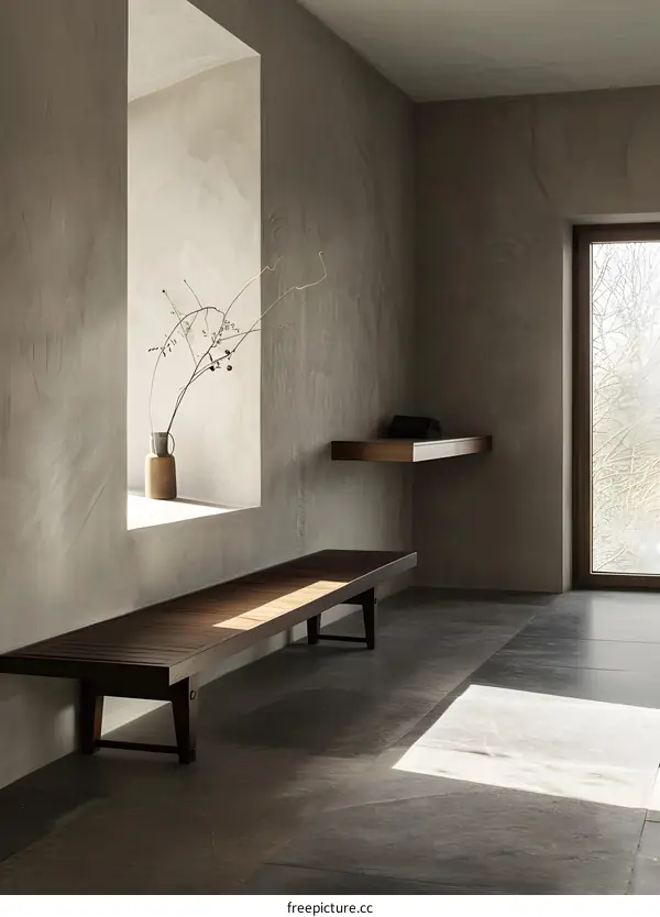Minimalist Interior Design with Concrete Walls and Wooden Bench