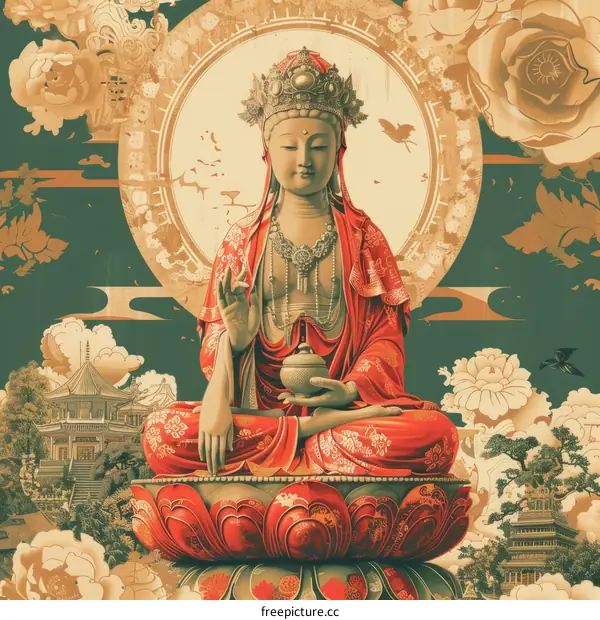 An Illustration of a Buddhist Deity Guanyin Sitting on a Lotus Flower