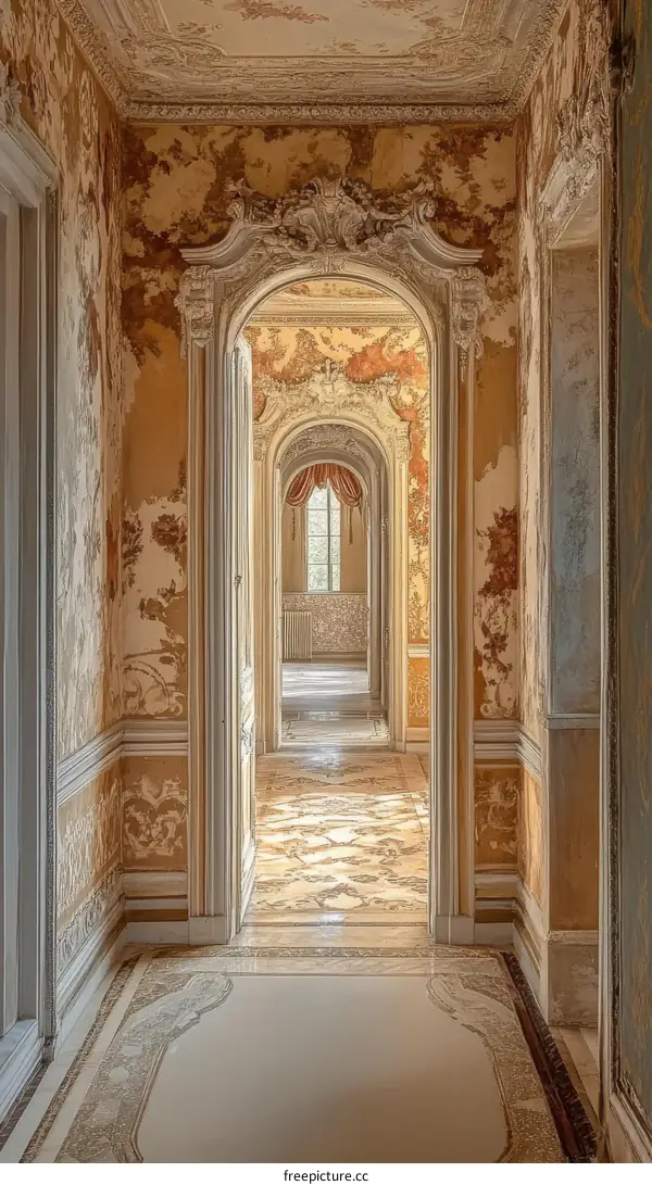 Elegant and Decaying Interior Hallway of a Grand Mansion