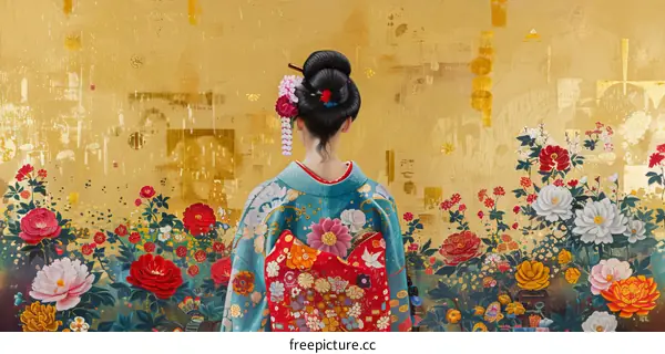 A woman wearing a kimono standing in a field of flowers