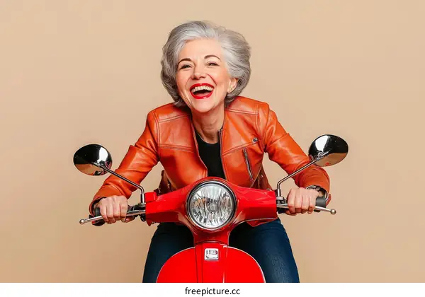 Happy Senior Woman Riding a Red Scooter