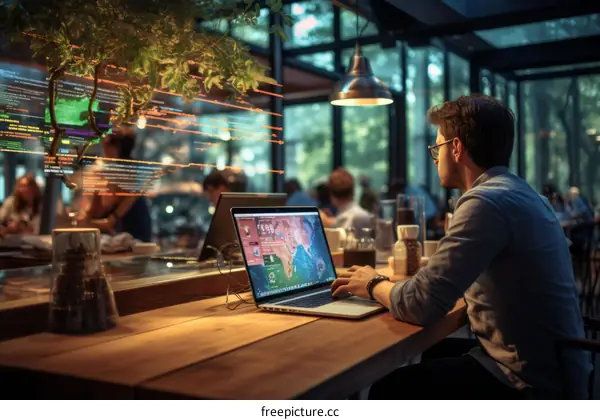 Focused Man Working on Laptop in a Green Cafe