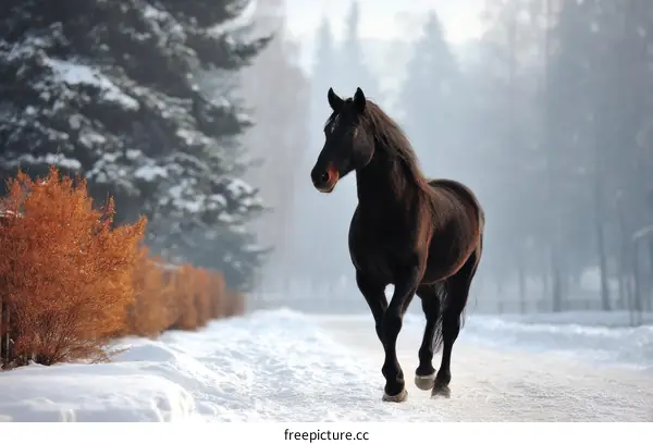 Winter Landscape with a Majestic Black Horse