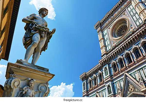 Close Up of Statue and Facade of Florence Cathedral