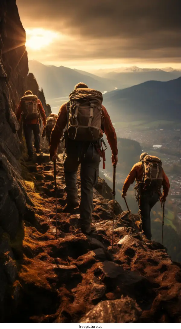 Four hikers on a mountain ridge at sunset