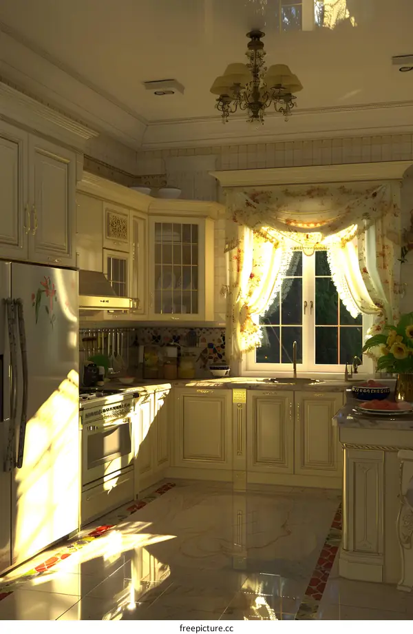 Classic Kitchen Interior Design with White Cabinets and Gold Accents