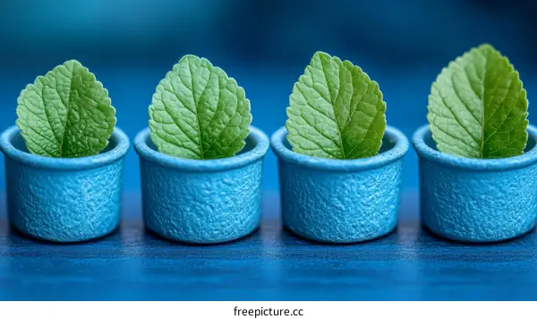 Small Blue Pots with Fresh Leaves on a Dark Blue Background