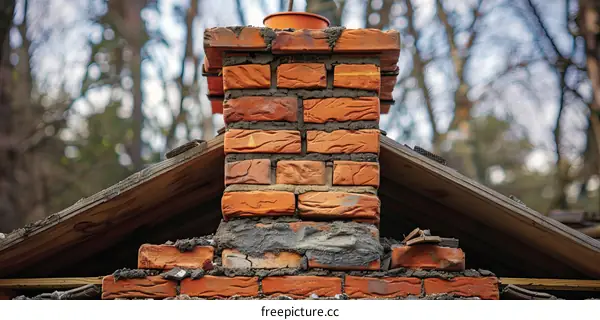 A chimney made of red bricks with a flower pot on top