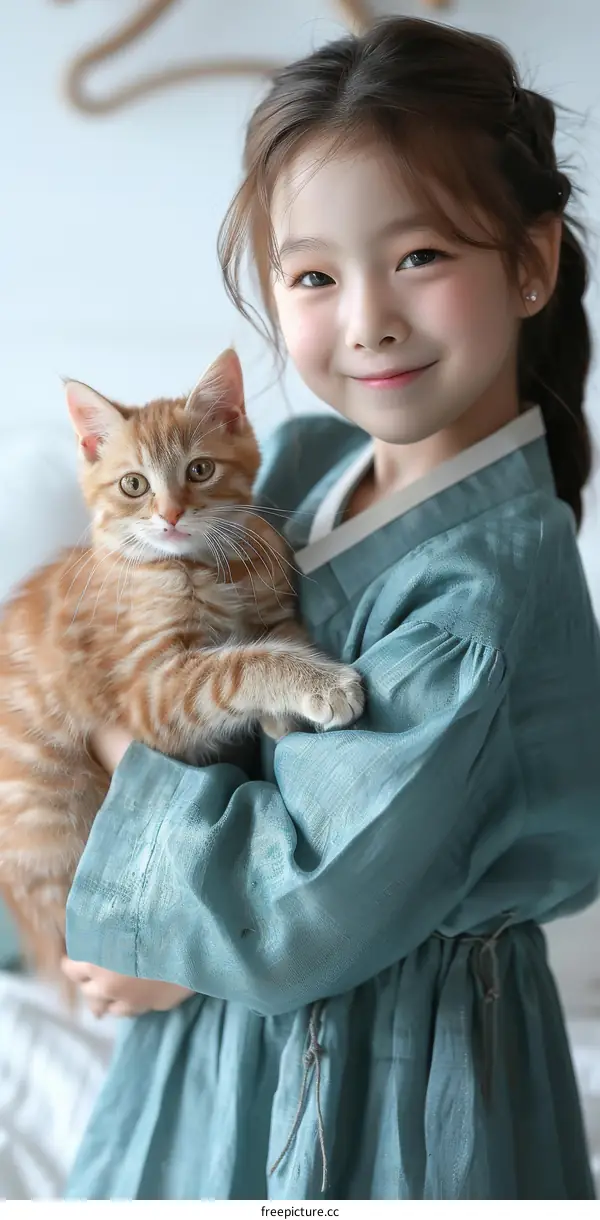 A cute little Asian girl is hugging an orange cat