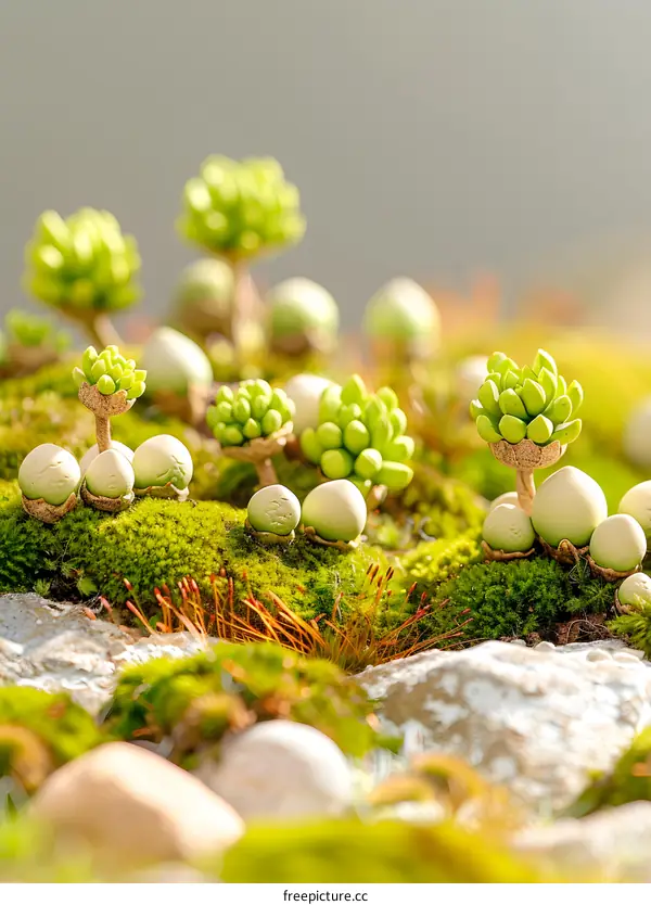Green Plants with White Eggs on Mossy Ground