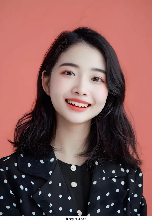 Portrait of a Smiling Asian Woman with Black Polka Dot Blazer