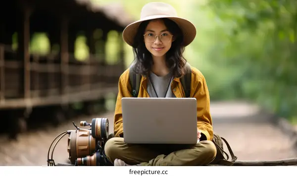 Young woman in a hat using laptop in the forest