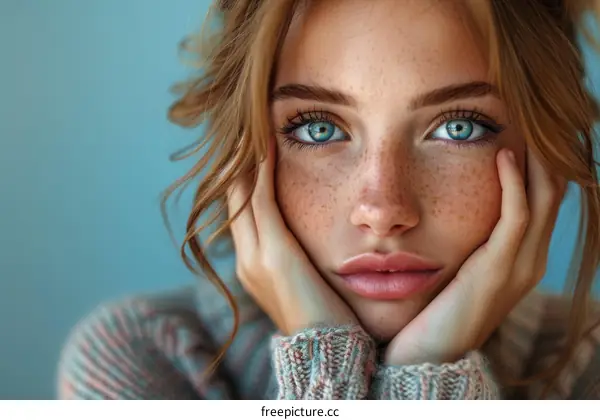 portrait of a young woman with freckles and blue eyes