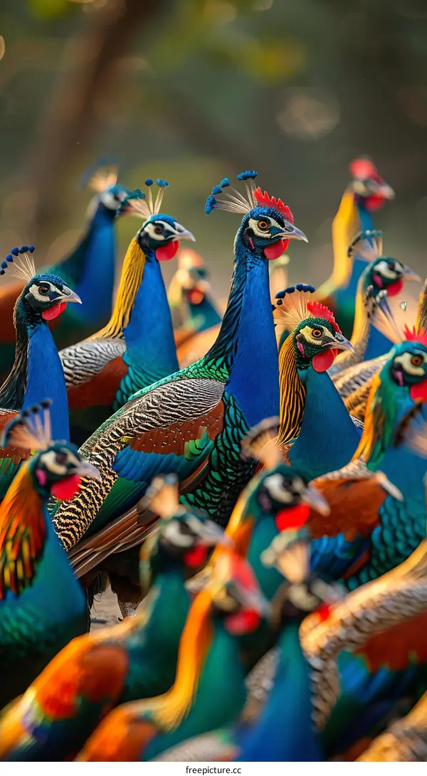 A group of peafowl with vibrant plumage