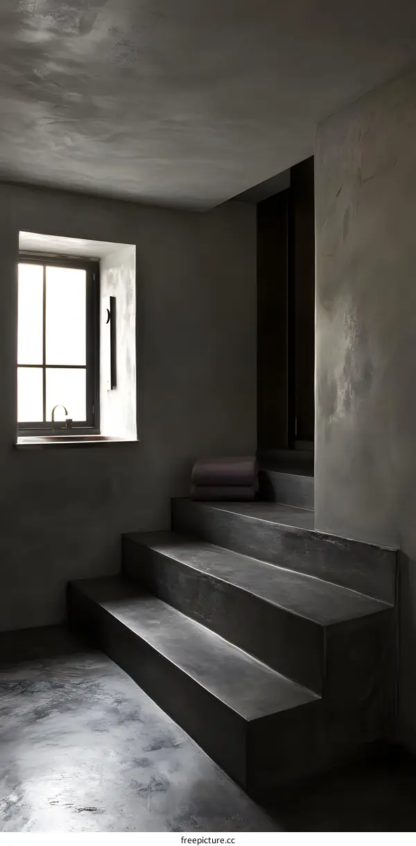 Minimalist Concrete Steps with a Window and Towels