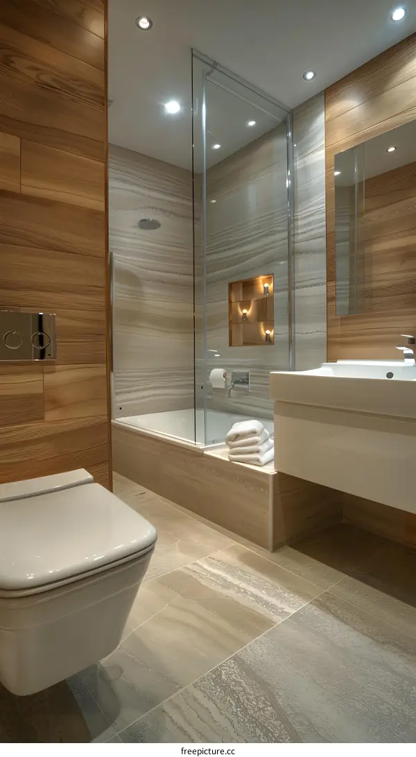 Stylish Bathroom with Teak Wall and Marble Tiles