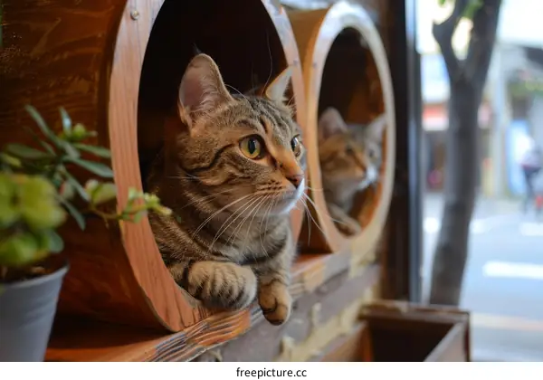 Two cats sitting in wooden barrels