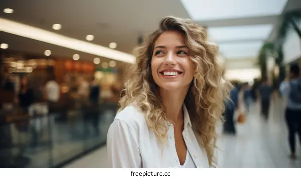 Portrait of a smiling young woman with curly blonde hair wearing a white shirt in a shopping mall
