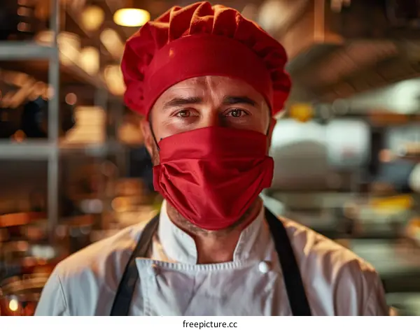 Portrait of a male chef wearing a red toque and a red face mask