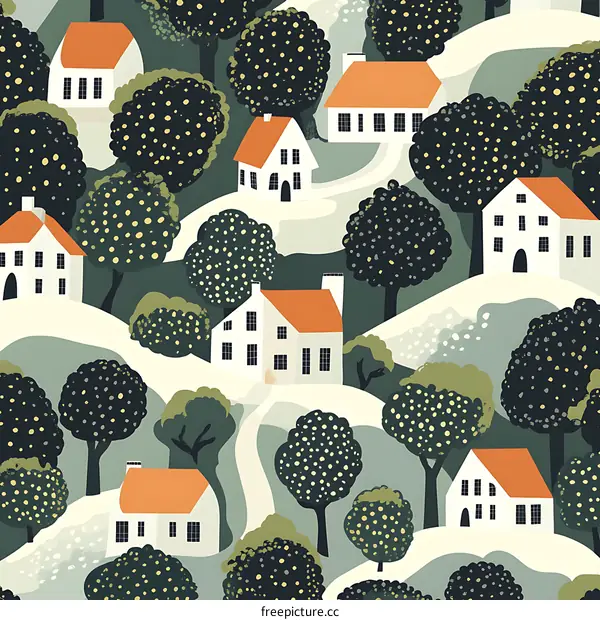 White Houses and Green Trees Seamless Pattern