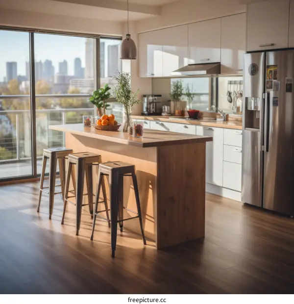 Modern Kitchen with Wood Island and Stainless Steel Appliances