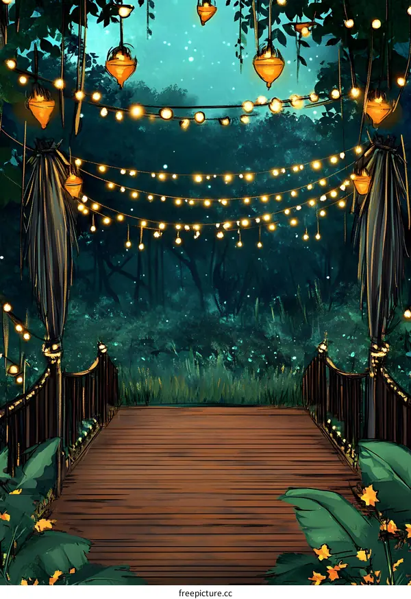 Night Forest Scene with Lights and Wooden Bridge