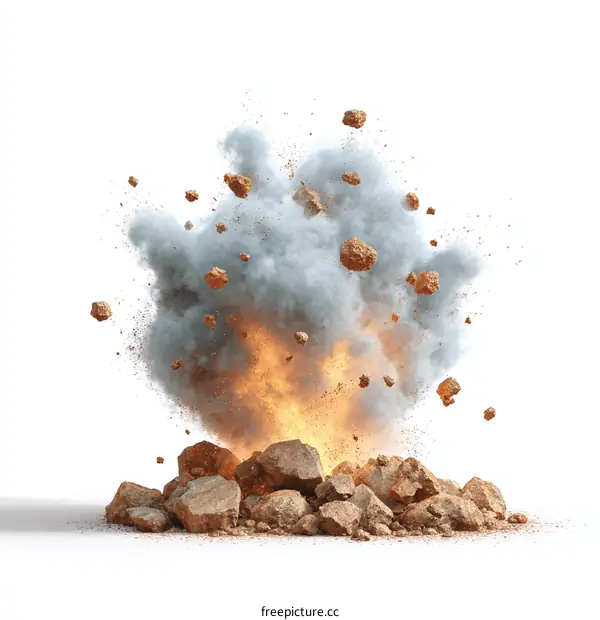 Explosion of Rocks and Debris on White Background